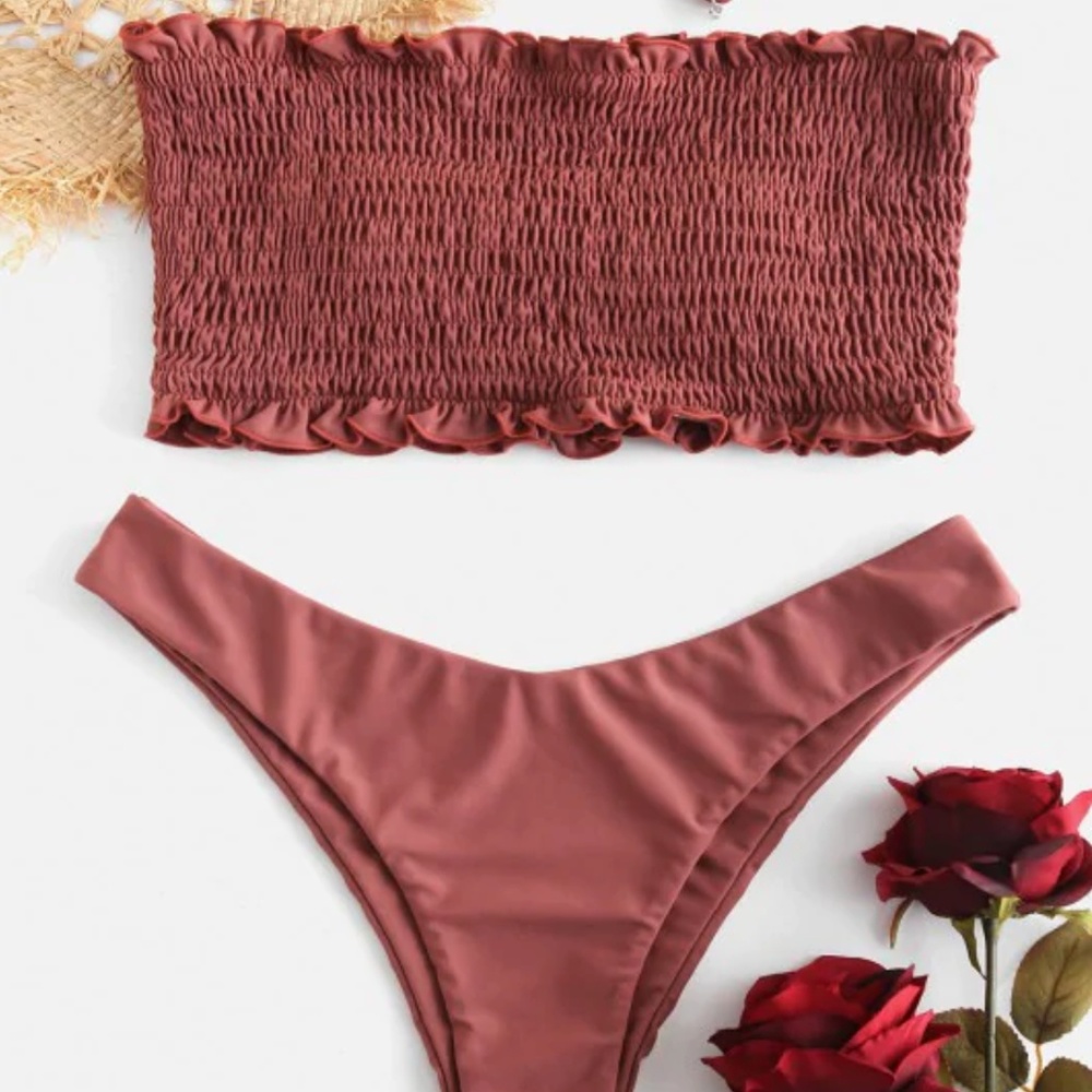 ZAFUL Frilled Padded Smocked Bikini Set - Rosy Fin